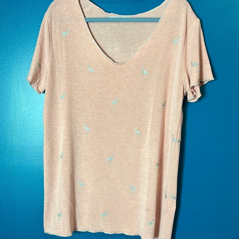 Boutique pink top with silver flamingos size XL